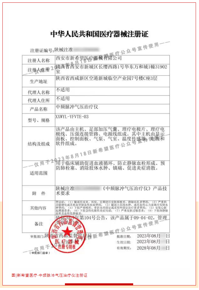 喜報(bào)丨新希望醫(yī)療中頻脈沖氣壓治療儀獲醫(yī)療器械注冊證